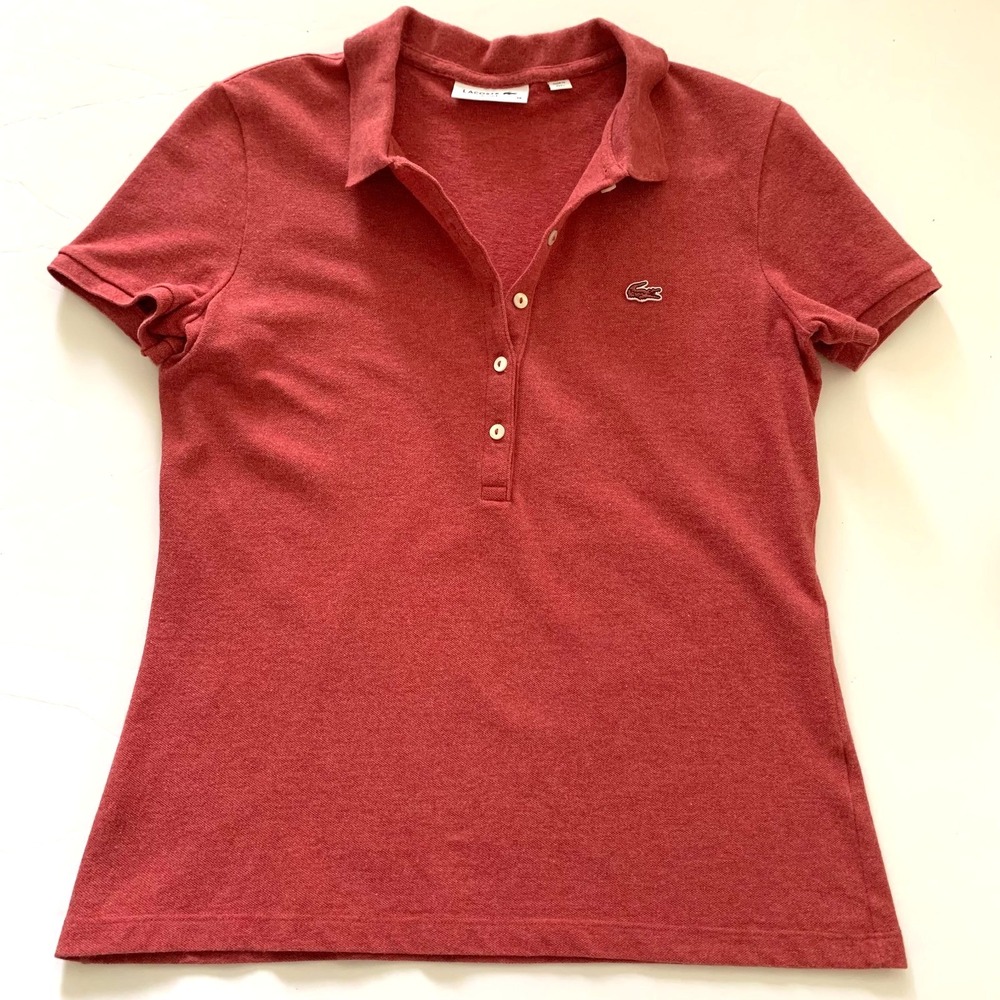 Lacoste Womens 5 Button Slim Polo Top Shirt Croc Gator 38 4 2 Heathered Red